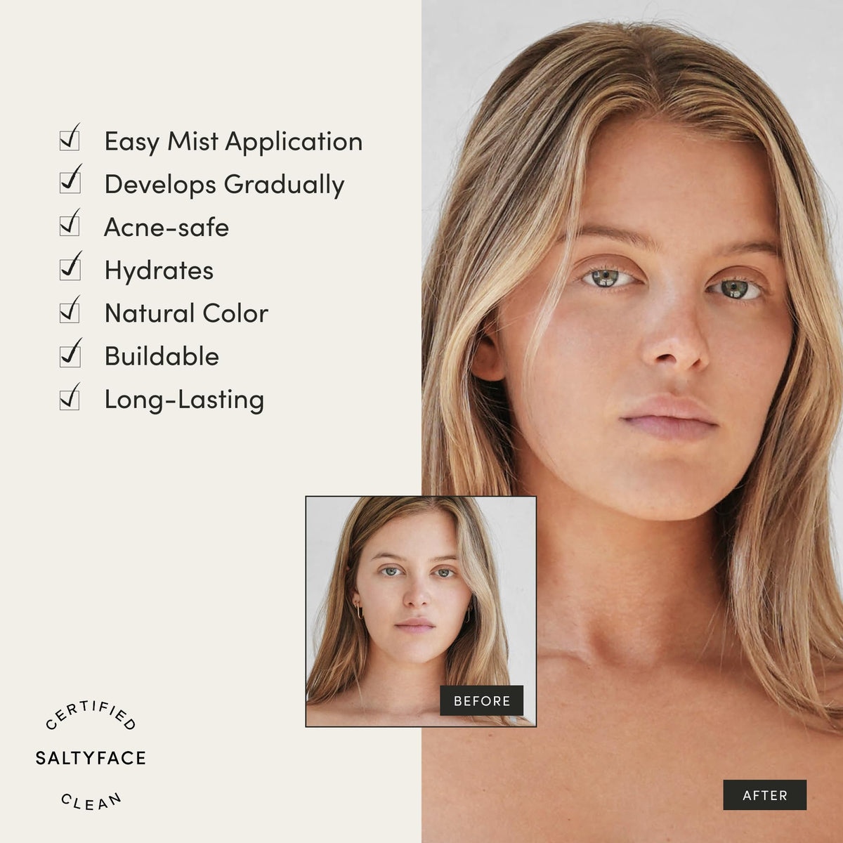 SALTYFACE application on face and neck showing effortless blending and natural finish benefit