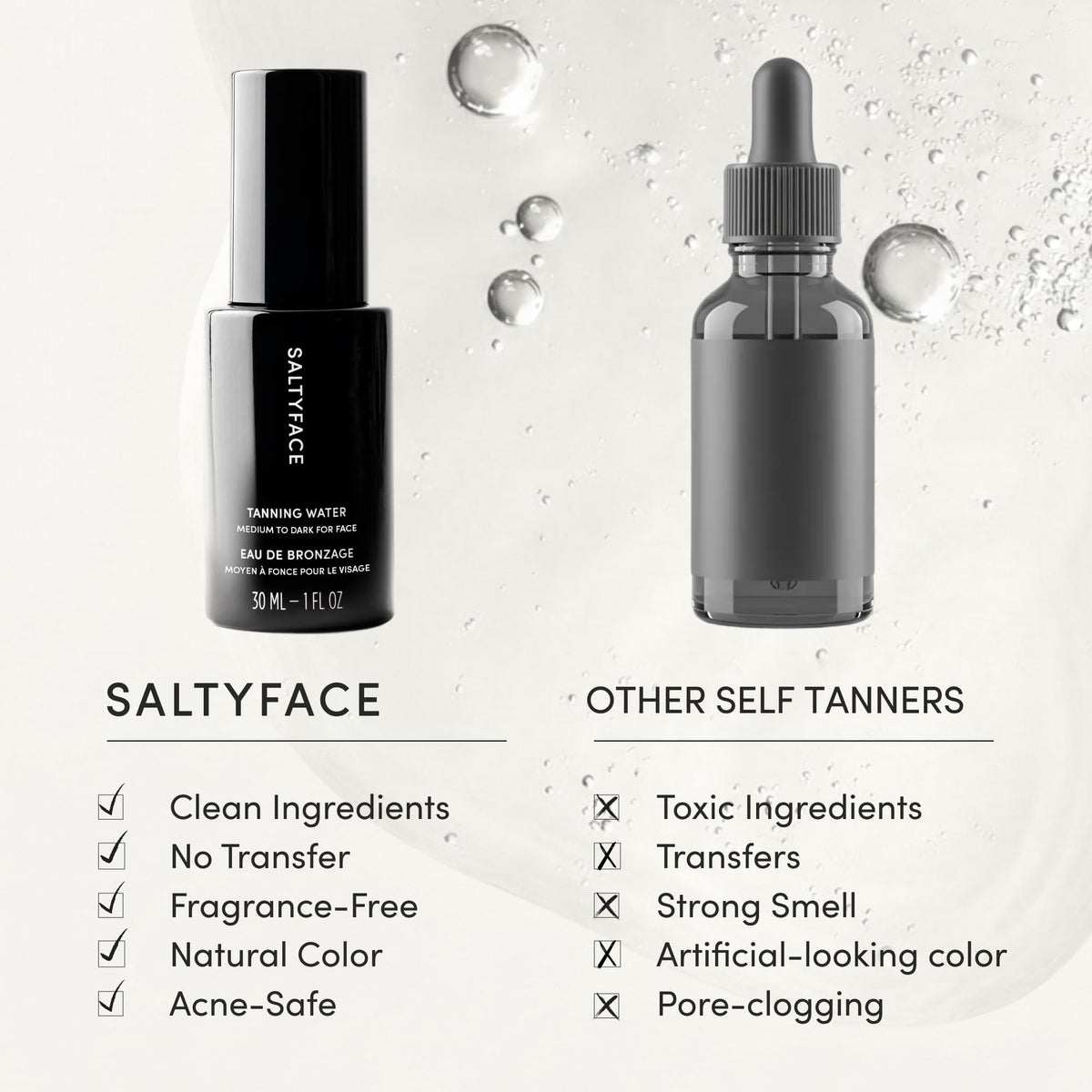 SALTYFACE application on face and neck demonstrating streak-free, targeted blending