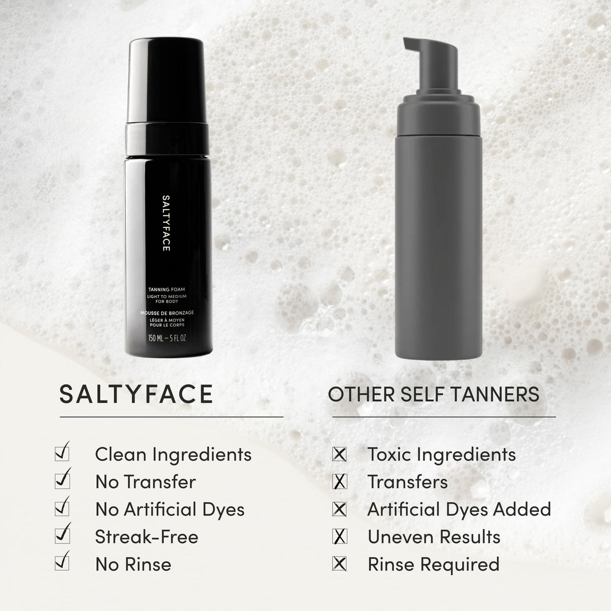 SALTYFACE applying foam to legs illustrating streak-free blending and natural finish