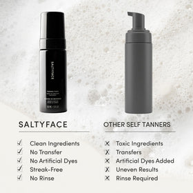 SALTYFACE applying foam to legs illustrating streak-free blending and natural finish