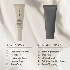 SALTYFACE applied on face by user in mirror for natural glow