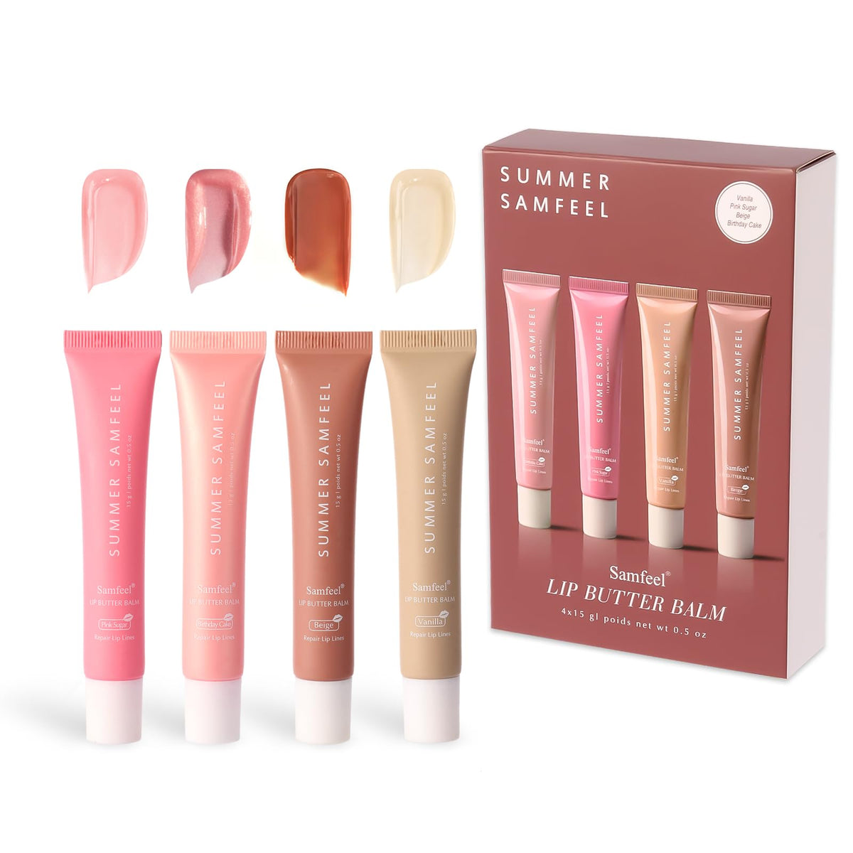 Samfeel front packaging showing four tinted balms and clear gift-ready layout