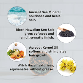 SAMSON'S HAIRCARE product label close-up highlighting ingredients and benefits