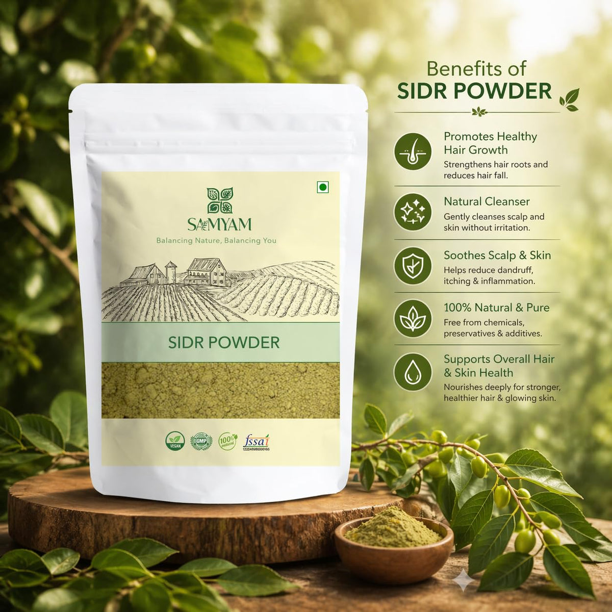 SAMYAM sidr paste applied to hair in use demonstrating gentle cleansing and natural lather benefits
