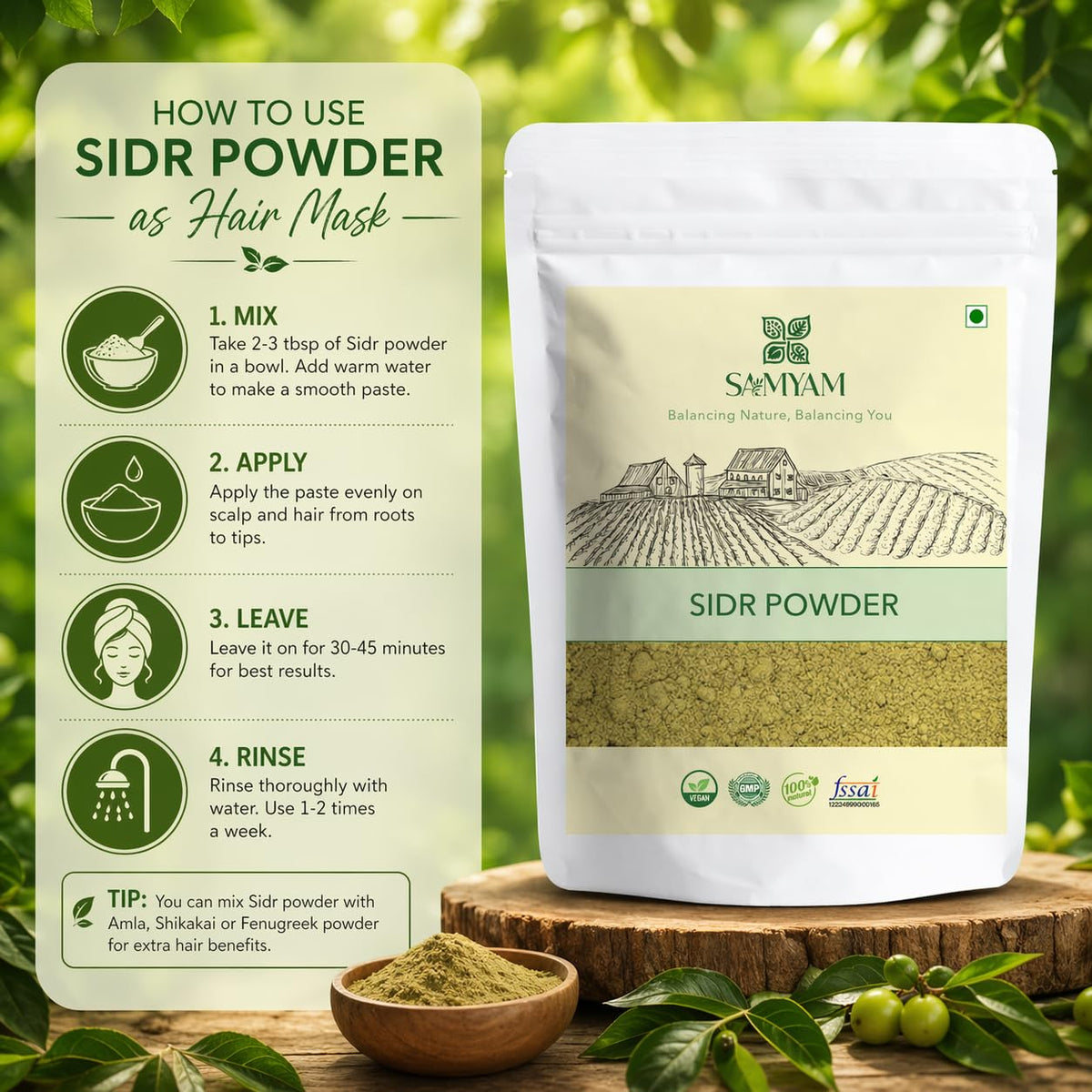 SAMYAM sidr powder spoon measurement on scale showing precise dosing for DIY hair recipes