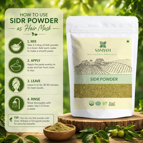 SAMYAM sidr powder spoon measurement on scale showing precise dosing for DIY hair recipes