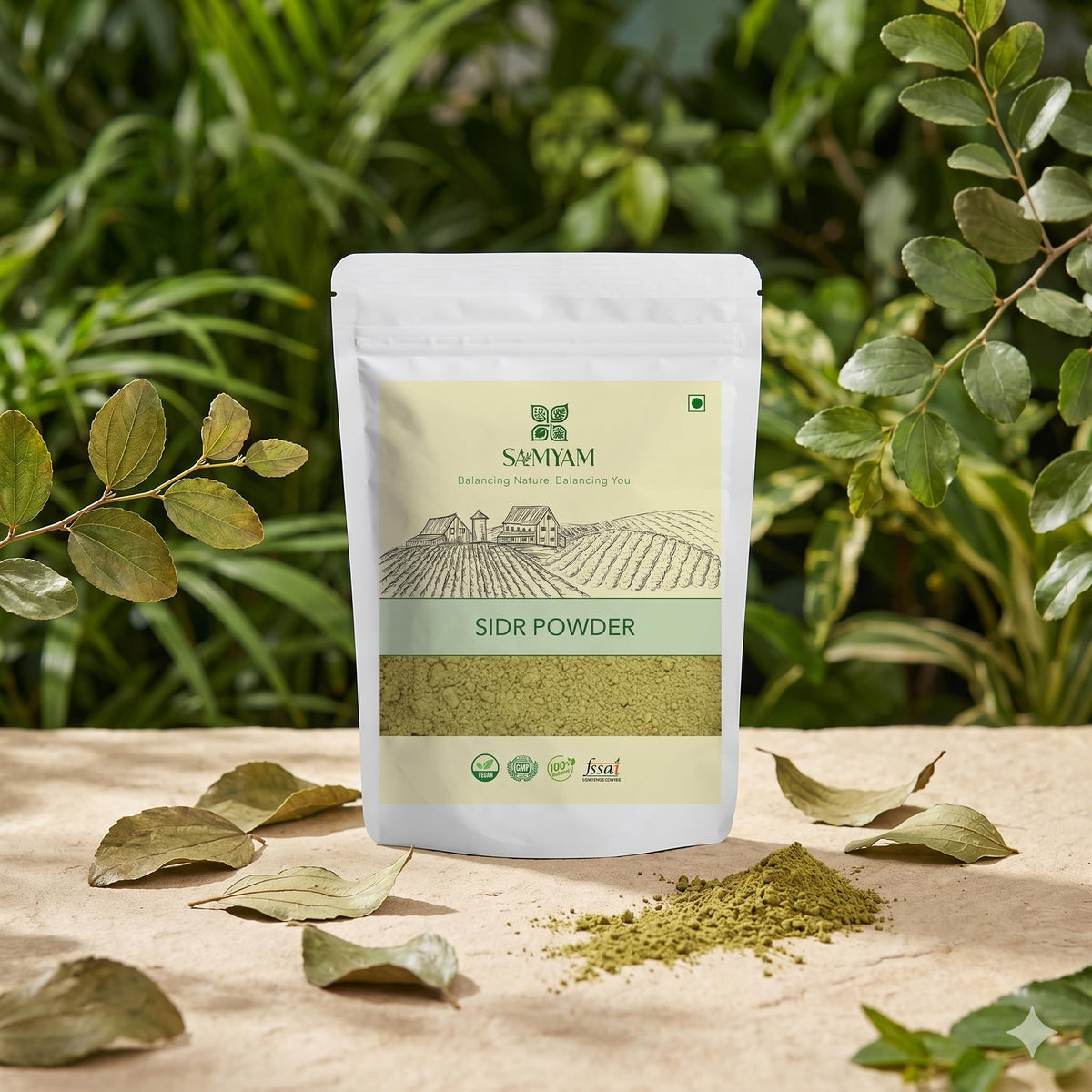 SAMYAM sidr powder texture close-up highlighting fine grind for easy paste mixing and even application
