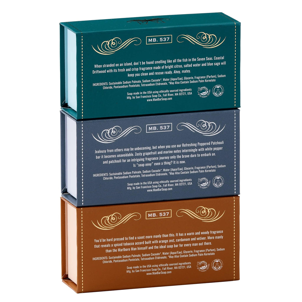 San Francisco Soap Company Coastal Driftwood bar highlighting woodsy scent and refreshing benefit