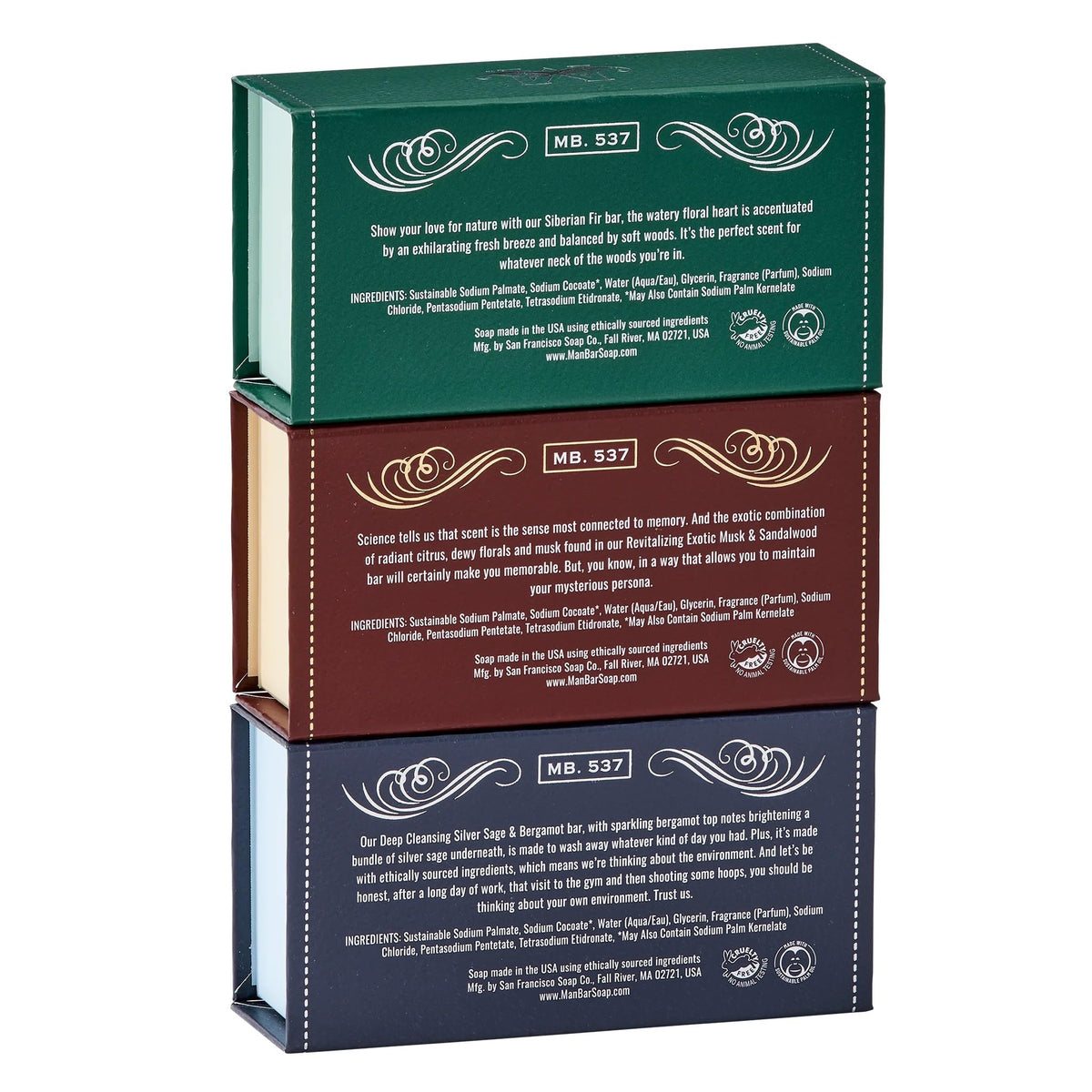 San Francisco Soap Company three bars arranged to highlight scent variety and everyday use