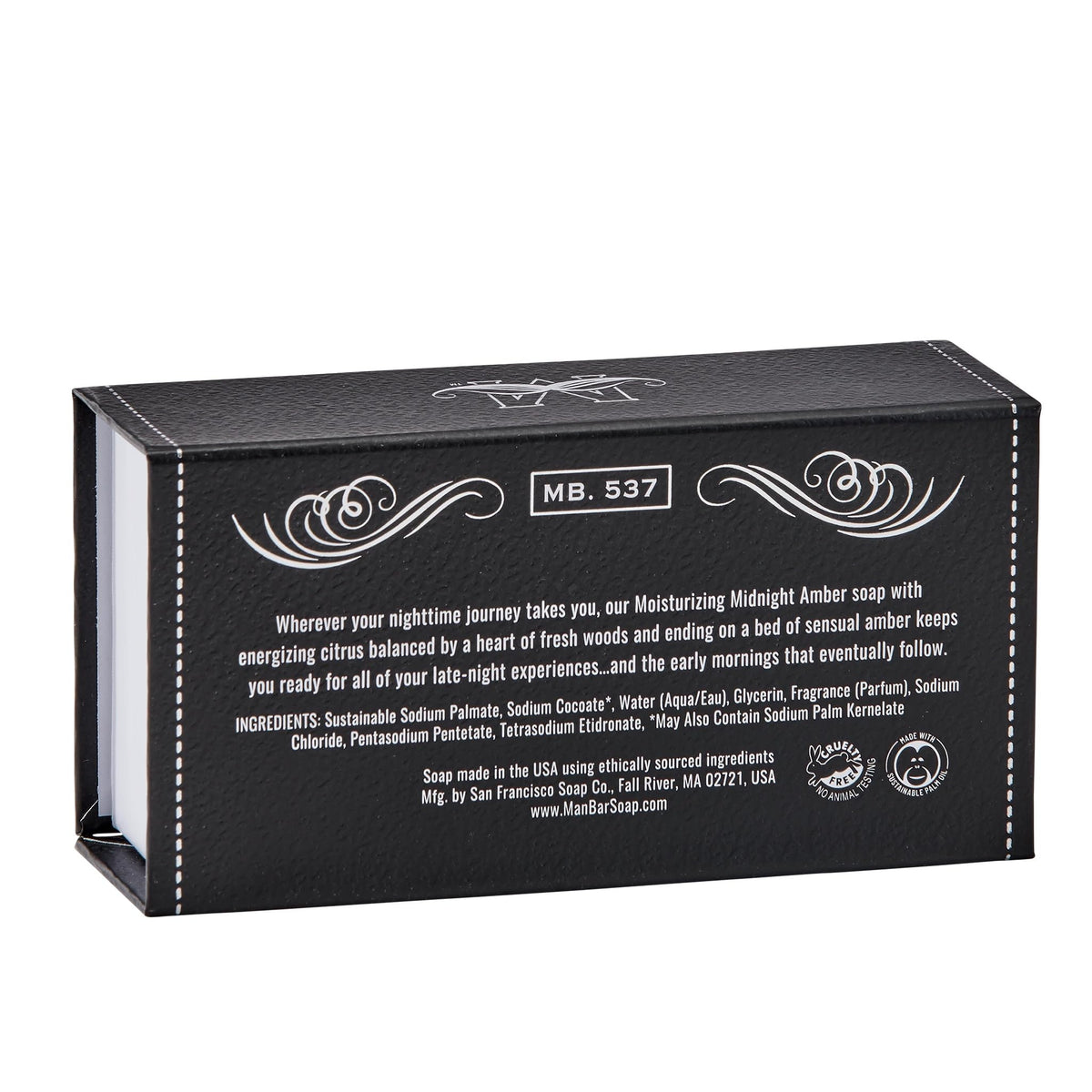 San Francisco Soap Company textured leather box close-up emphasizing premium packaging and unboxing appeal