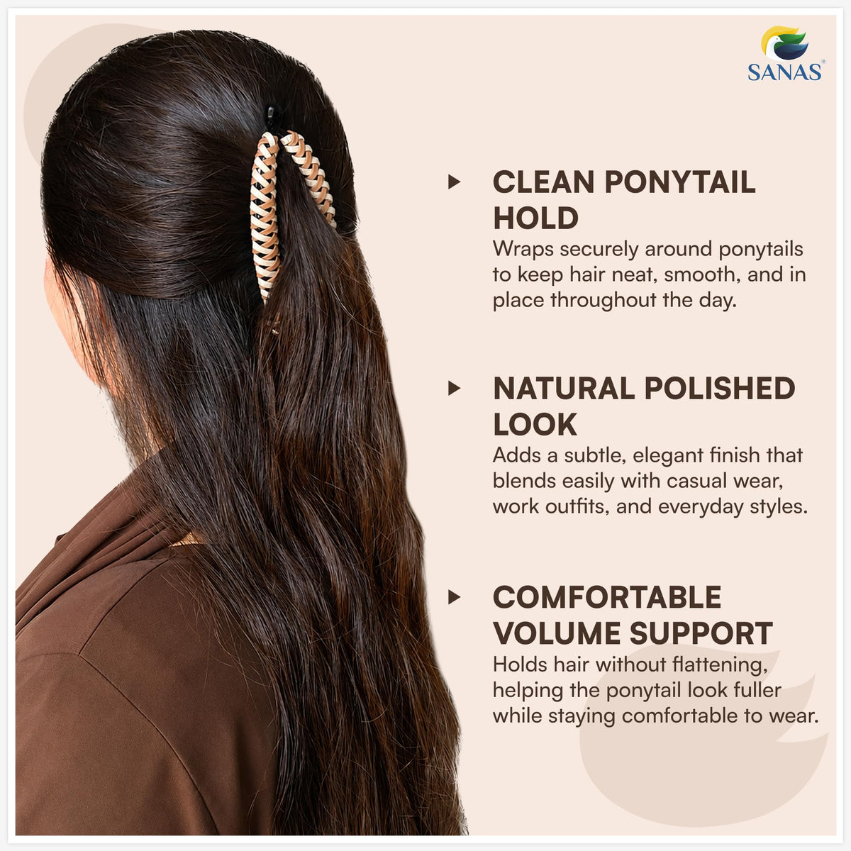 Sanas clip in high ponytail showing lasting hold and fuller look