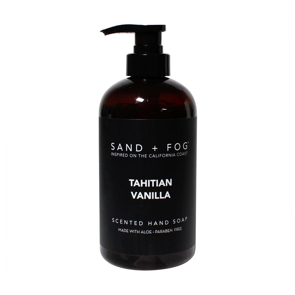 Sand + Fog front label view showing Tahitian Vanilla fragrance and elegant design benefit