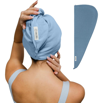 Sand Cloud front flatlay in slate blue showing compact towel benefits