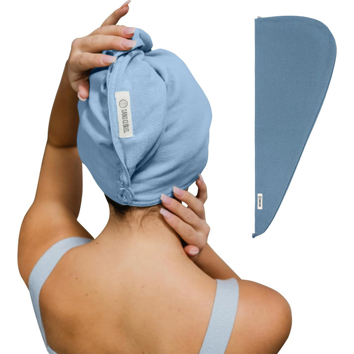 Sand Cloud front flatlay in slate blue showing compact towel benefits