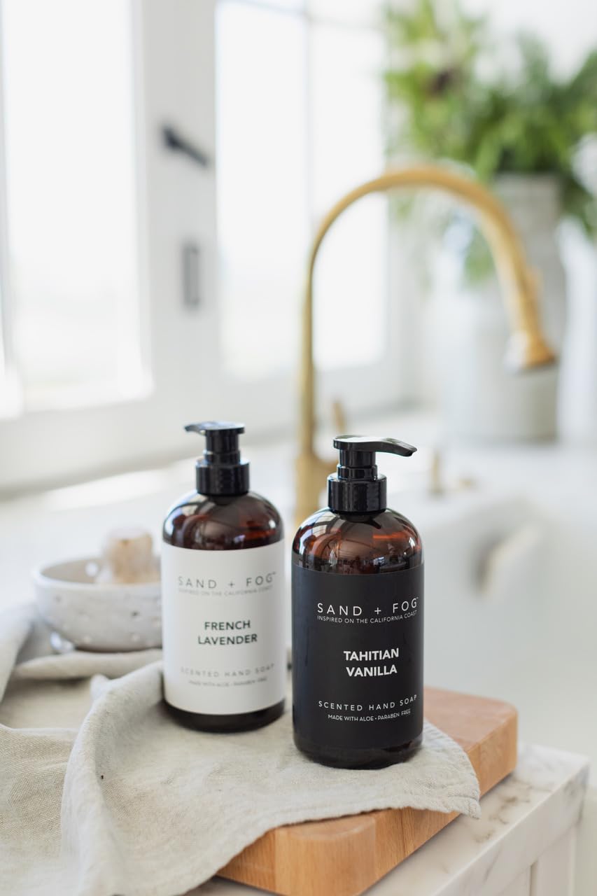 Sand + Fog bottle in bathroom setting illustrating decorative look and scented ambiance