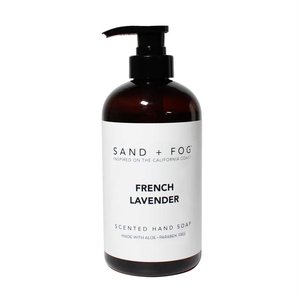 Sand + Fog front packaging showing 20 oz bottle and elegant lavender label for attractive display