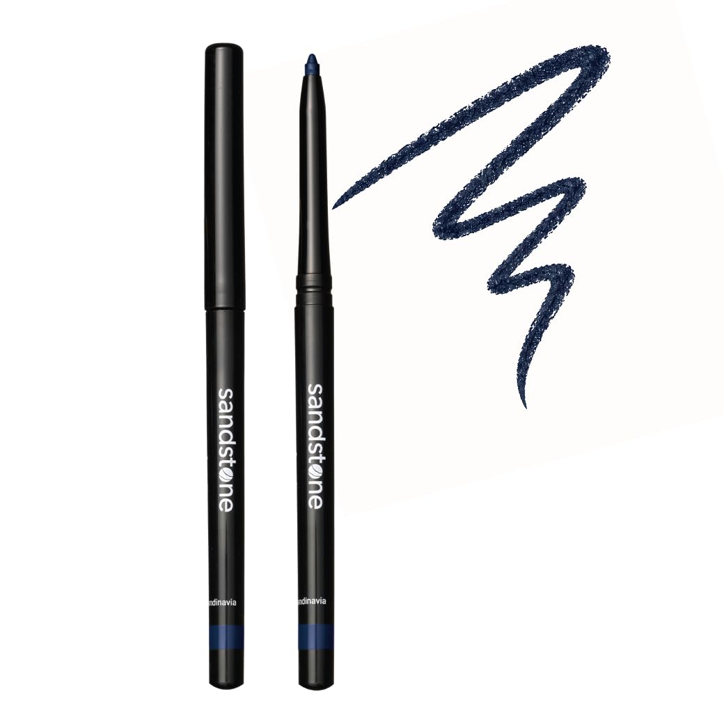 Sandstone Scandinavia eyeliner front packaging showing blue pencil and brand benefits