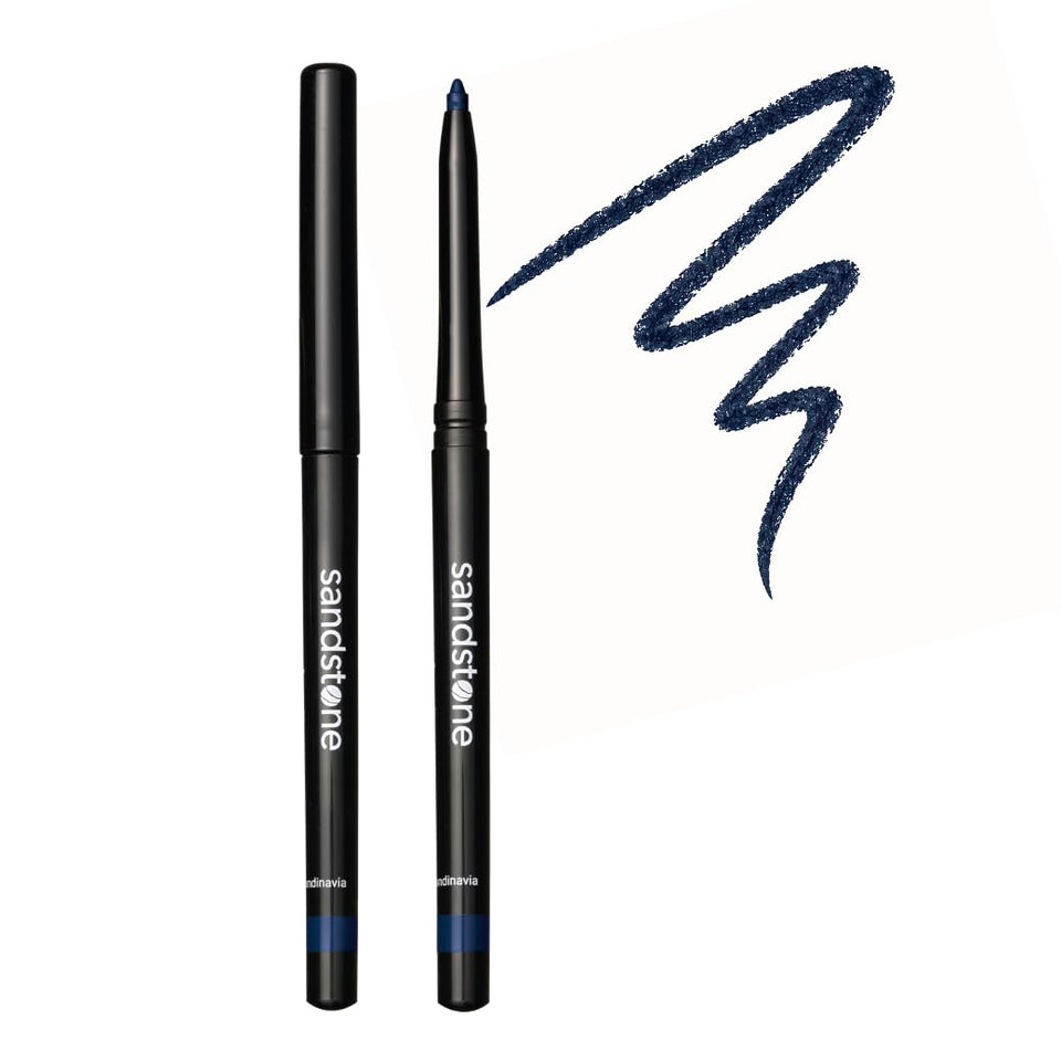 Sandstone Scandinavia eyeliner front packaging showing blue pencil and brand benefits