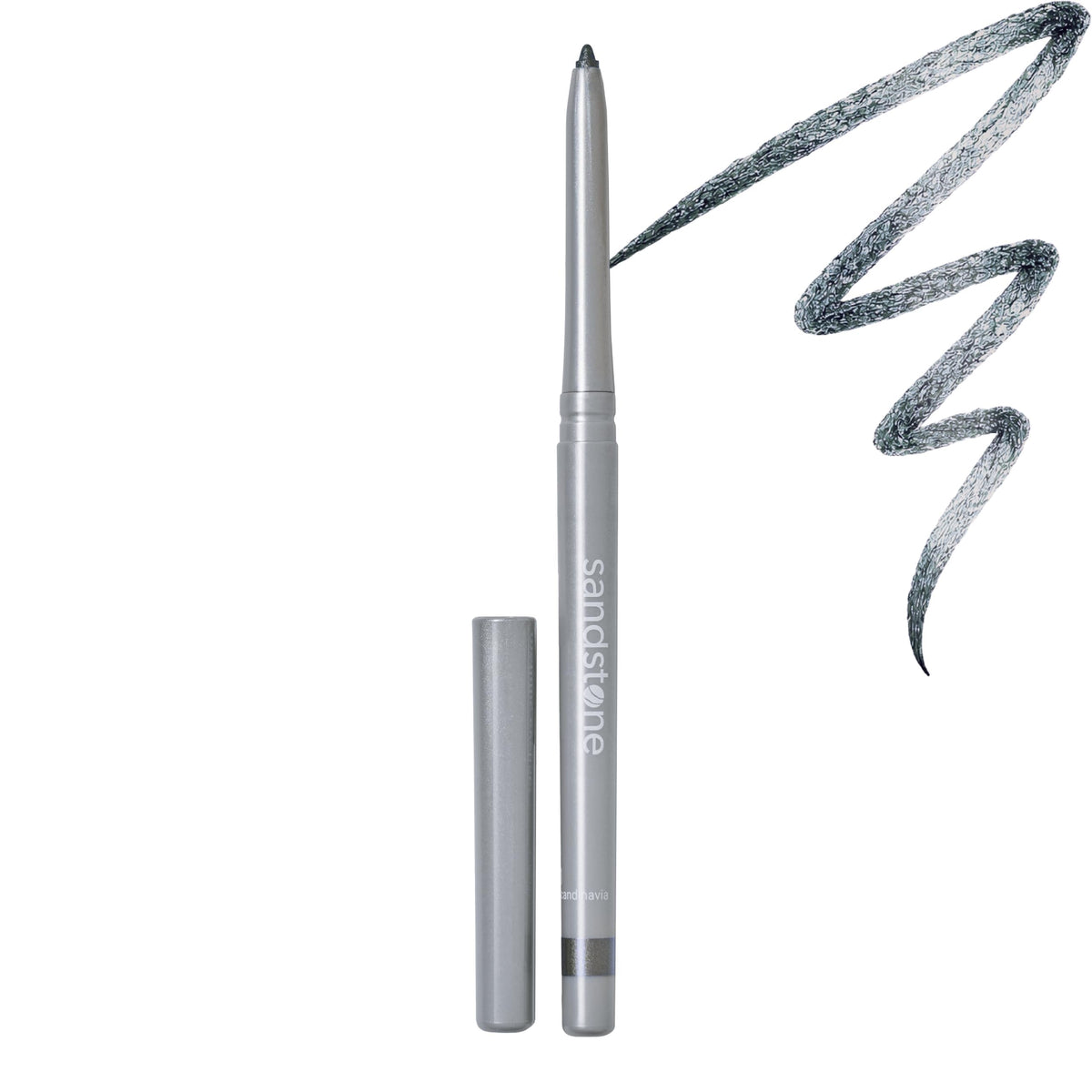 Sandstone Scandinavia eyeliner pencil front view showing sleek grey barrel and cap, easy identification