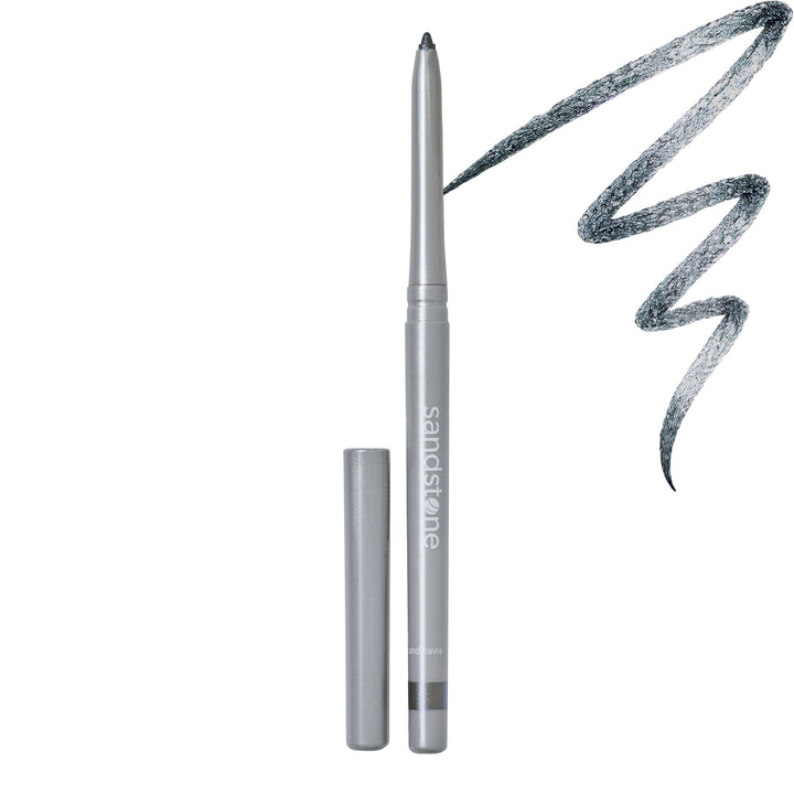 Sandstone Scandinavia eyeliner pencil front view showing sleek grey barrel and cap, easy identification