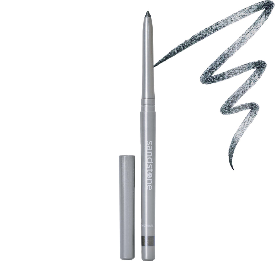 Sandstone Scandinavia eyeliner pencil front view showing sleek grey barrel and cap, easy identification