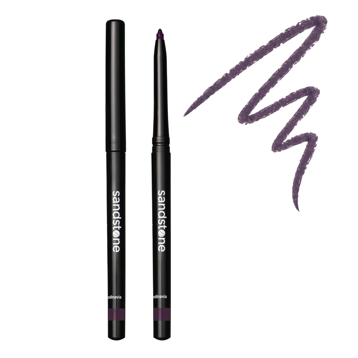 Sandstone Scandinavia pencil front packaging showing aubergine shade and benefit