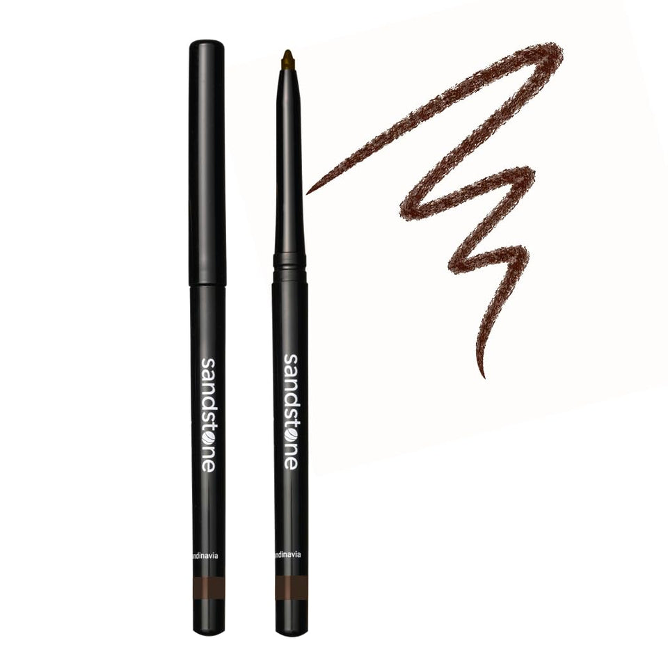 Sandstone Scandinavia eyeliner pencil front view showing slim brown stick and cap for precision