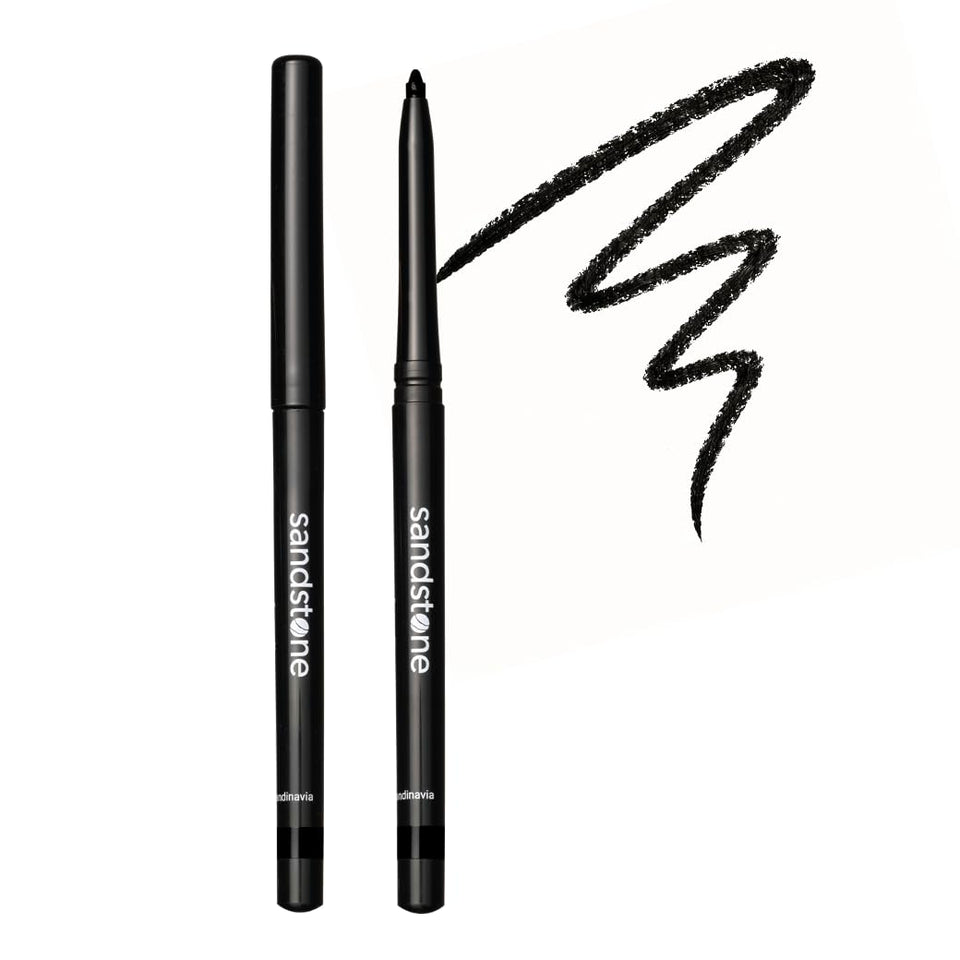 Sandstone Scandinavia eyeliner pencil front view showing sleek black barrel and cap for precision