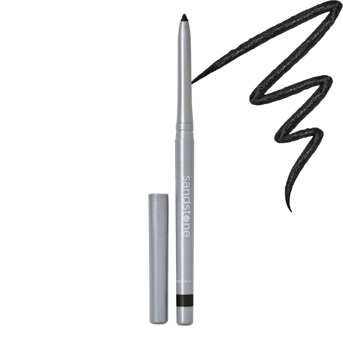 Sandstone Scandinavia eyeliner pencil front view showing sleek black packaging and clear brand