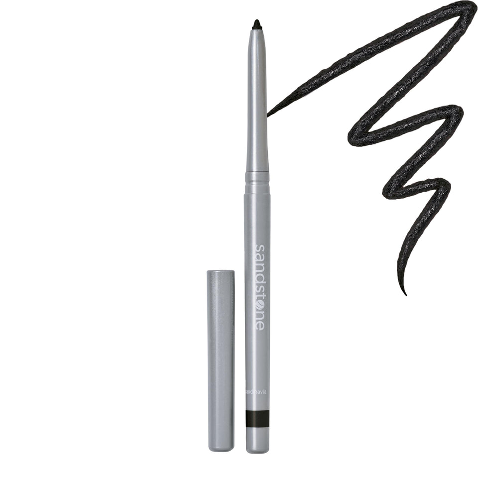 Sandstone Scandinavia eyeliner pencil front view showing sleek black packaging and clear brand