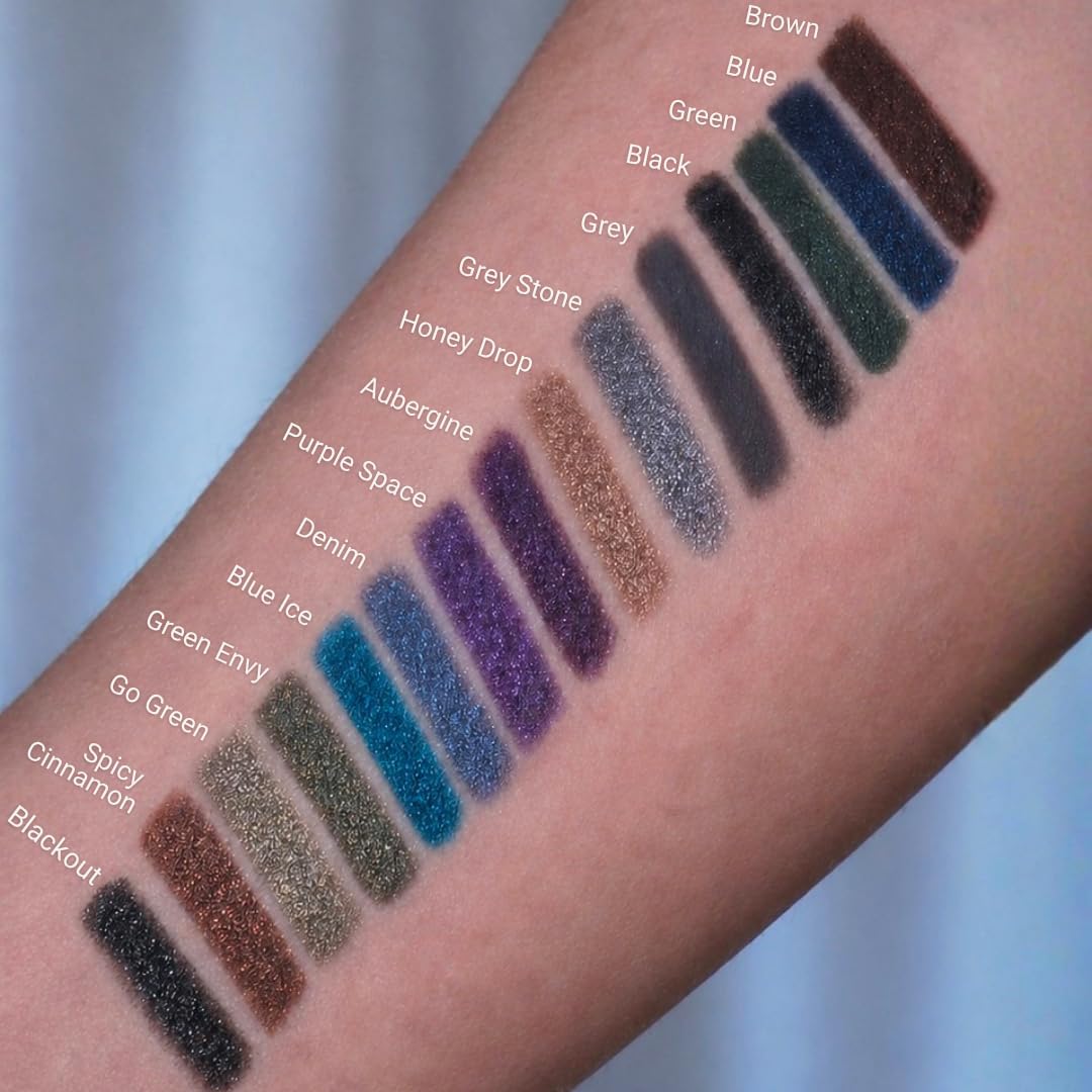 Sandstone Scandinavia swatches on arm showing buildable grey metallic color and smudge resistance