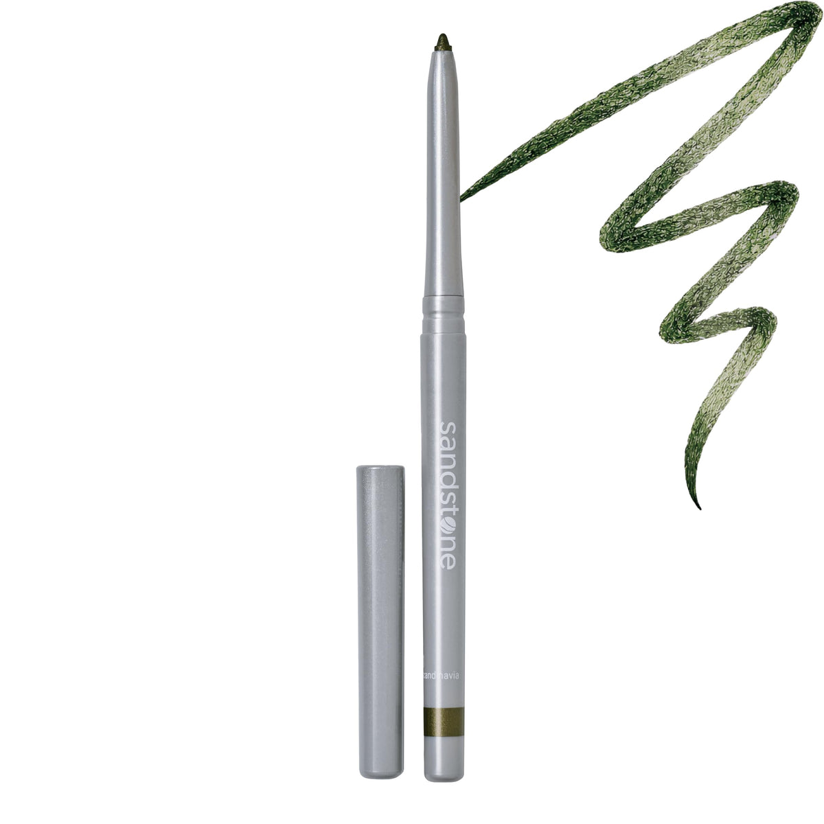 Sandstone Scandinavia front packaging showing green metallic eyeliner and clear labeling benefit: visible shade