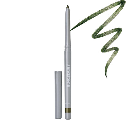 Sandstone Scandinavia front packaging showing green metallic eyeliner and clear labeling benefit: visible shade