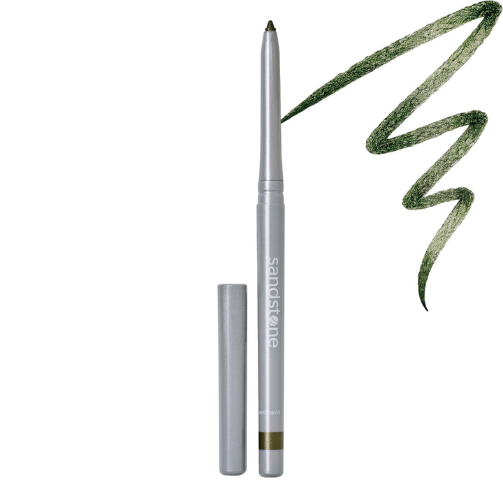 Sandstone Scandinavia front packaging showing green metallic eyeliner and clear labeling benefit: visible shade