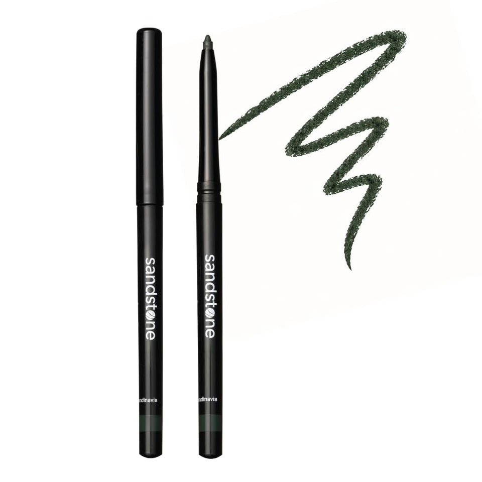 Sandstone Scandinavia green pencil front view showing slim design and secure cap benefit