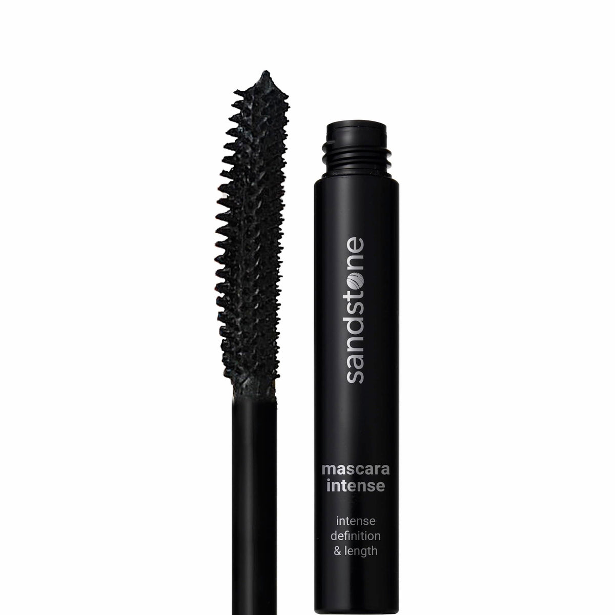 Sandstone Scandinavia mascara front packaging showing sleek tube and branding benefit gentle formula