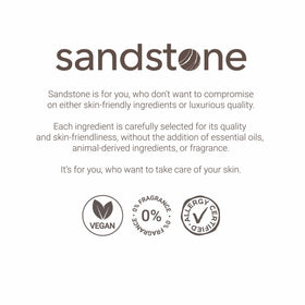 Sandstone Scandinavia lifestyle bathroom vanity shot conveying everyday wearability and clean beauty benefit