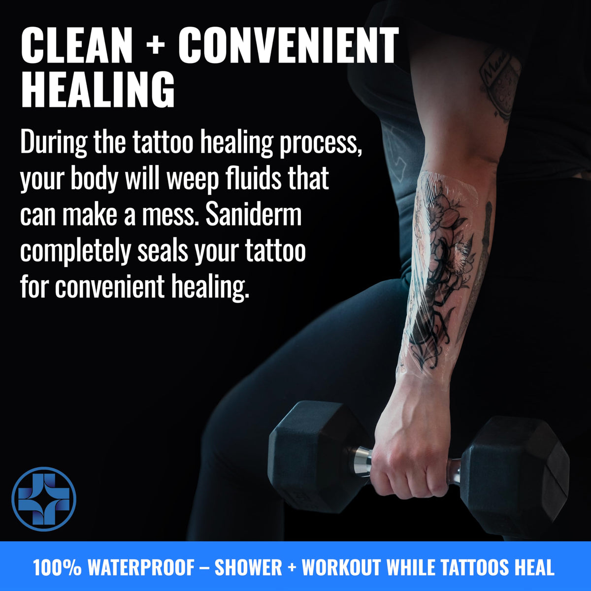 Saniderm film adhered at elbow detail showing durable edge adhesion