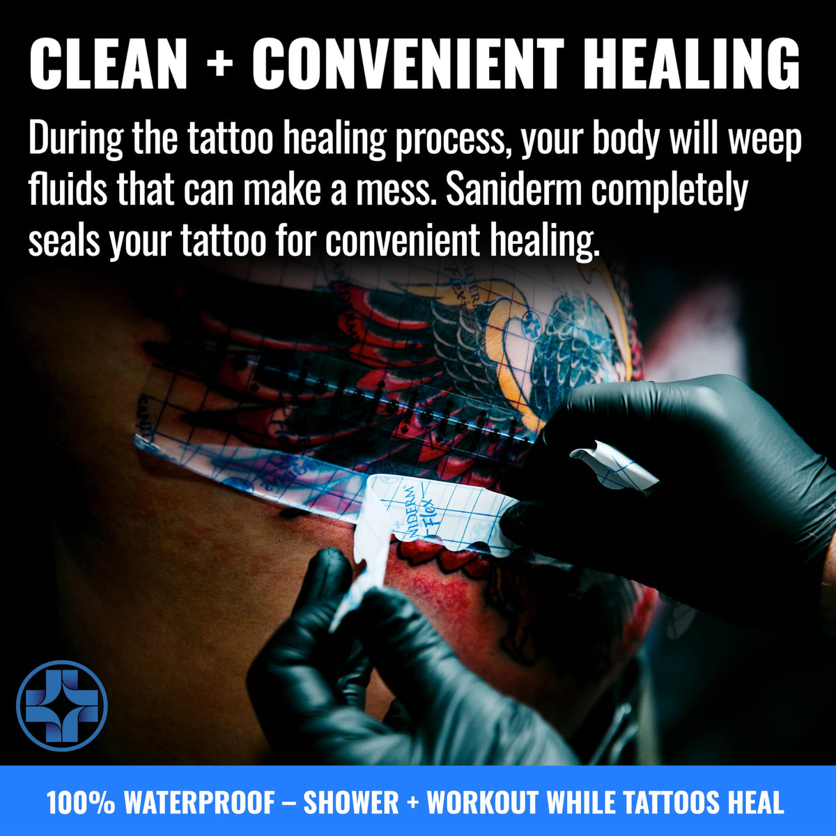 Saniderm Flex being cut by an artist showing custom sizing and sterile application