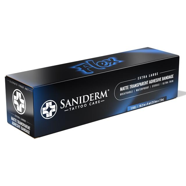 Saniderm Flex front packaging showing product roll and branding benefit: clear protection