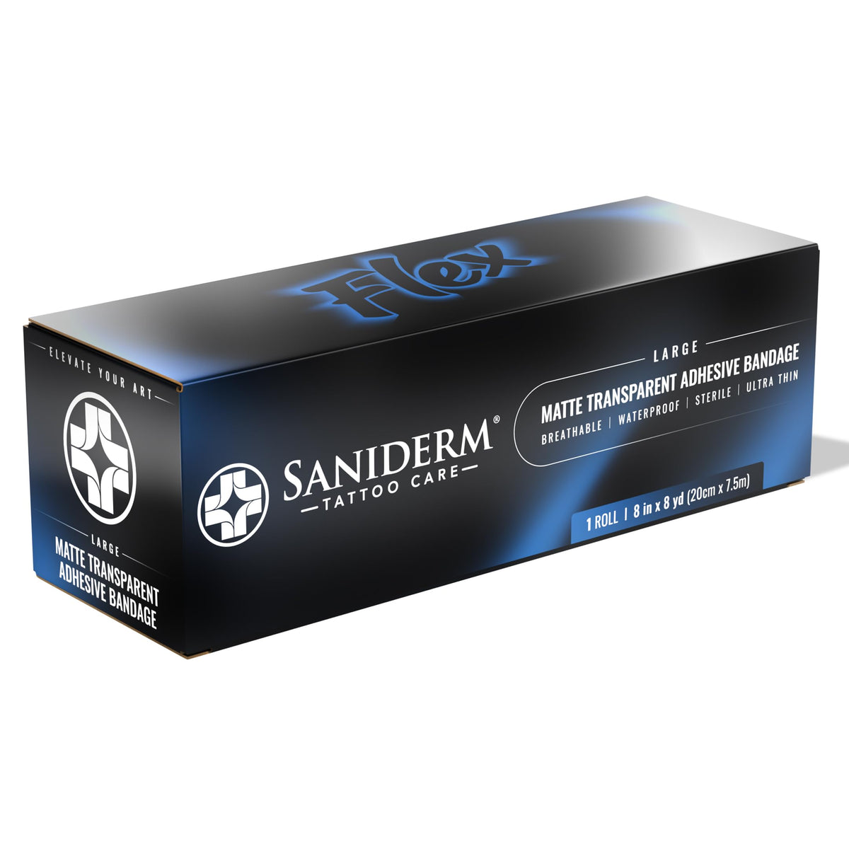 Saniderm Flex front packaging showing roll and branding, protective coverage benefit