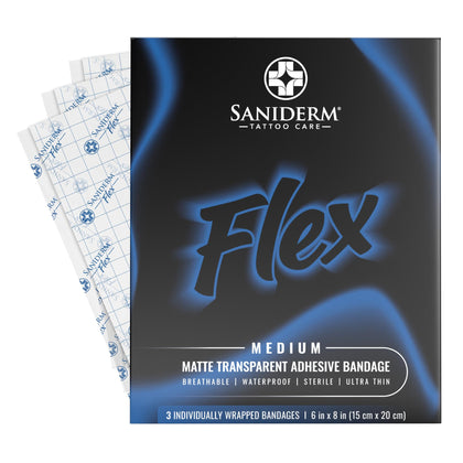 Saniderm Flex front packaging showing 3 sterile sheets and benefits