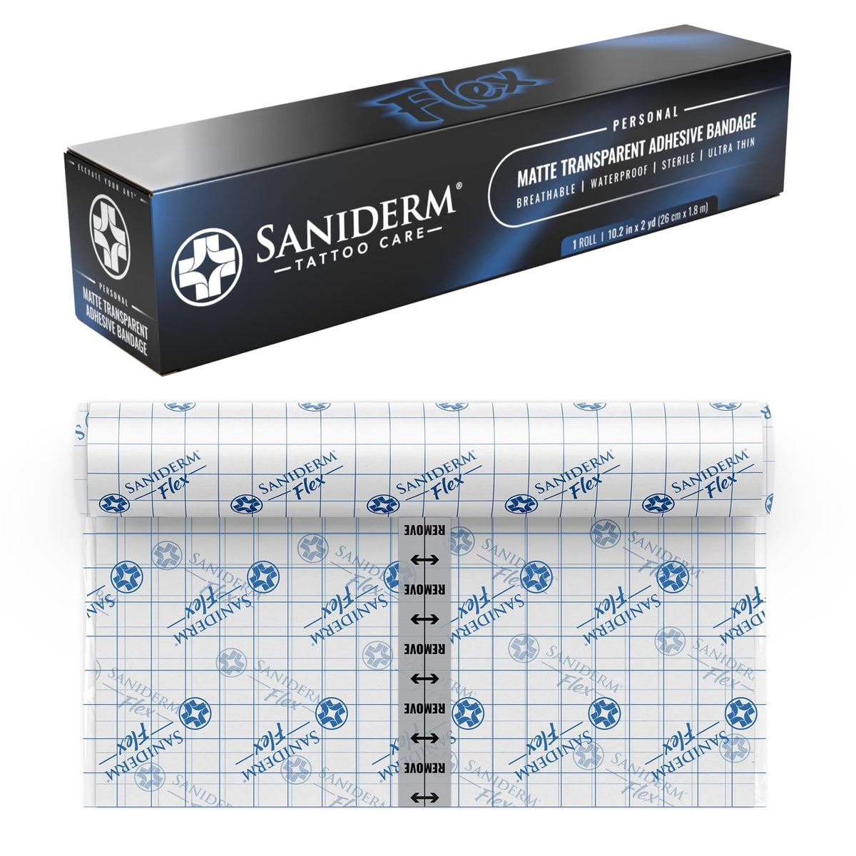 Saniderm Flex personal roll front view showing compact packaging and brand protection benefit