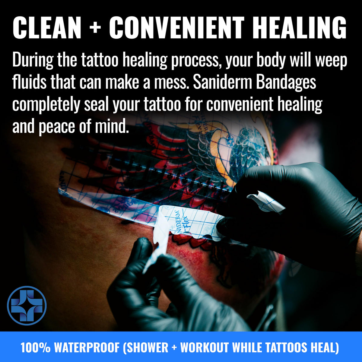 Artist applying Saniderm flex in studio for protected tattoo healing