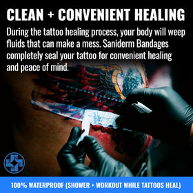 Artist applying Saniderm flex in studio for protected tattoo healing
