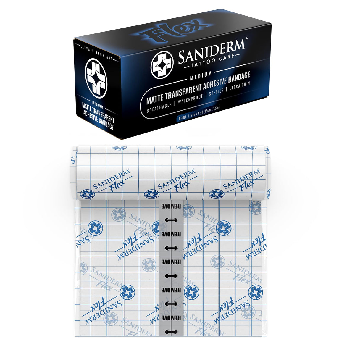 Saniderm flex roll packaging showing brand and compact medium size benefit