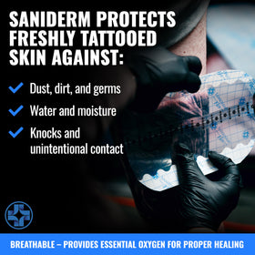 Saniderm Flex next to a hand for scale illustrating roll size and usable length