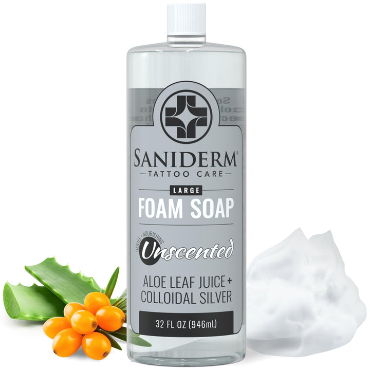 Saniderm 32oz front label clear branding and shop-ready bottle
