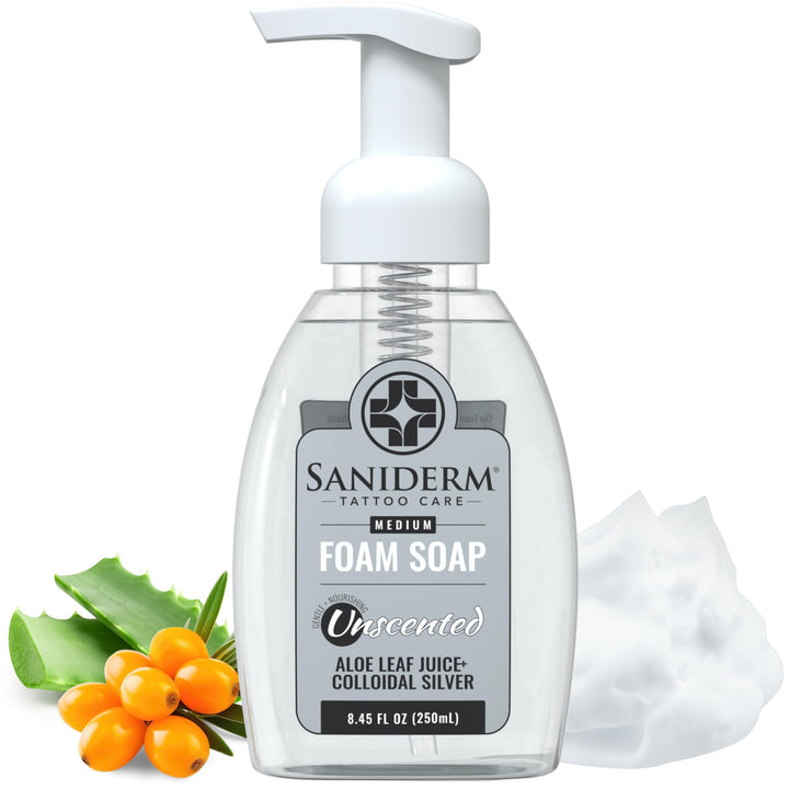 Saniderm front bottle showing product packaging and benefits