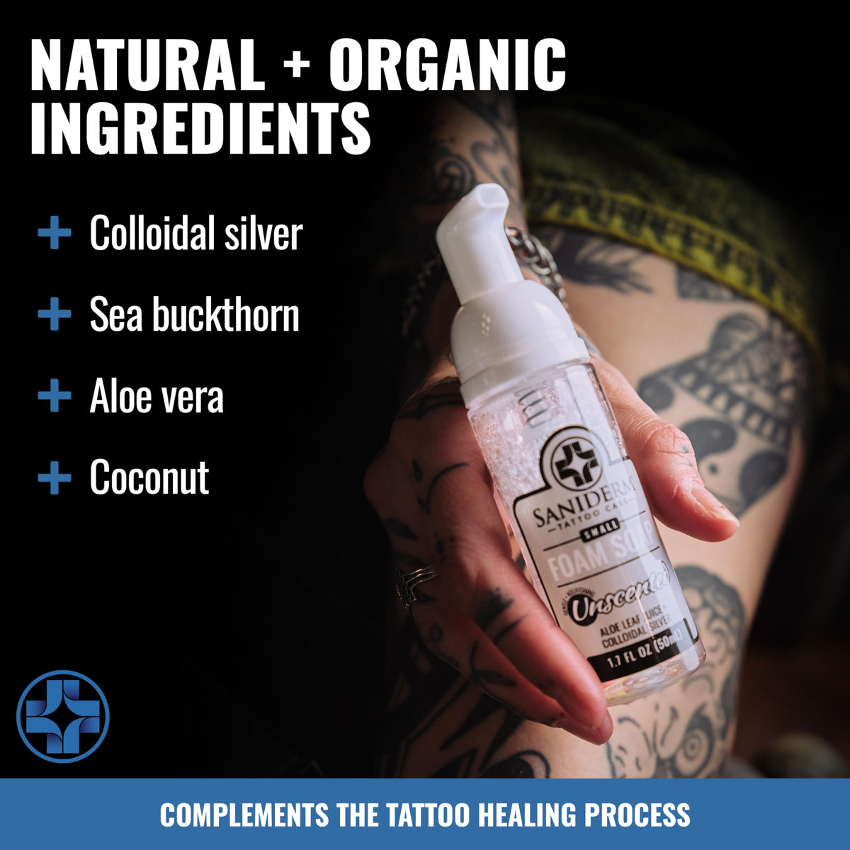 Saniderm bottle in hand for size comparison highlighting TSA-friendly travel benefit